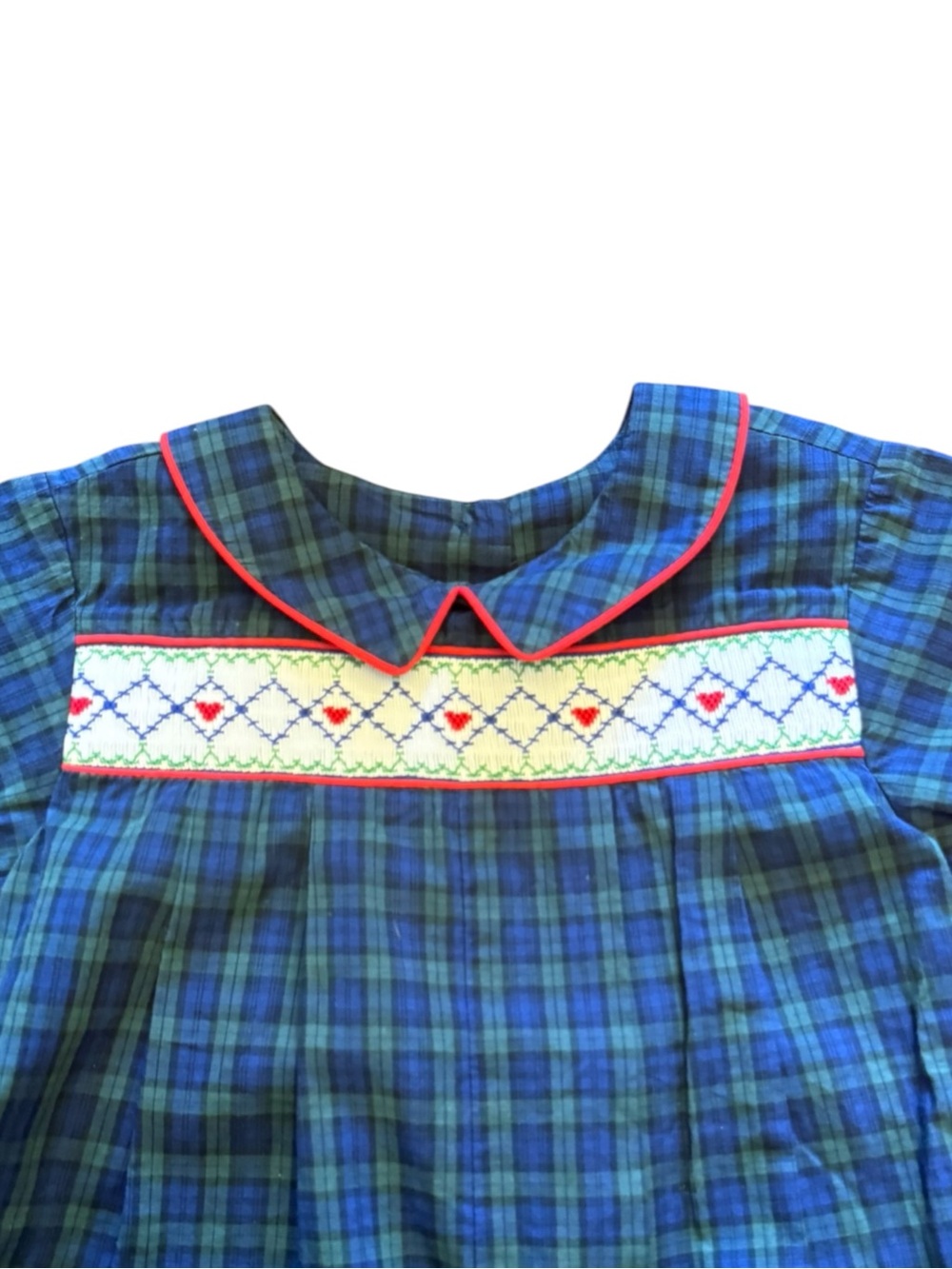 Vintage Beaux et Belles Blue & Green Plaid Smocked Kids Romper with Red Trim - Picture 3 of 5